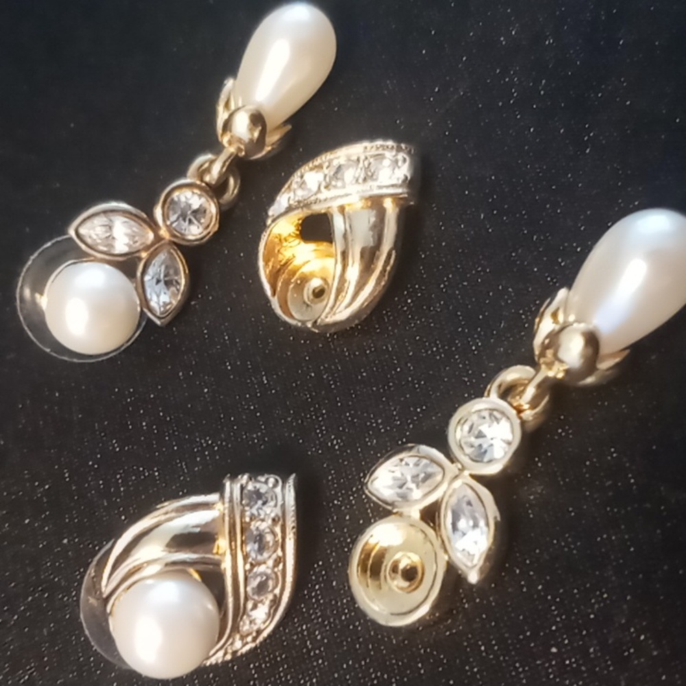 Vintage Avon earrings interchangable pearls earrings with crystals .